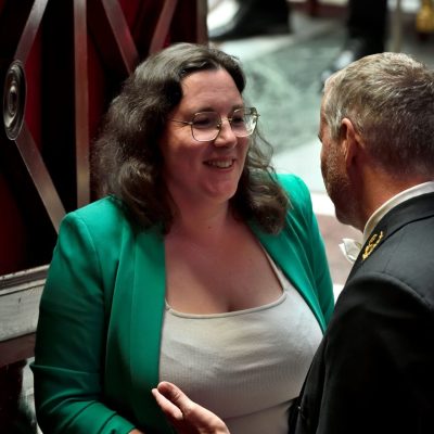 Cyrielle Chatelain, présidente du groupe Ecologiste et Social, lors des questions au gouvernement, à l'Assemblée Nationale, à Paris, le 26 mai 2026. (Photo by Thierry NECTOUX/Gamma-Rapho via Getty Images)